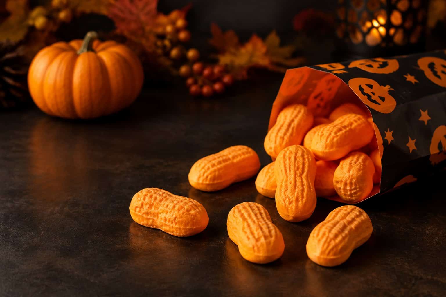 Orange peanut-shaped candies spilled beside a small pumpkin.