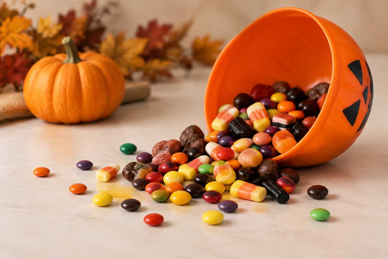 Colorful candies spill from an orange Halloween bowl beside a small pumpkin.