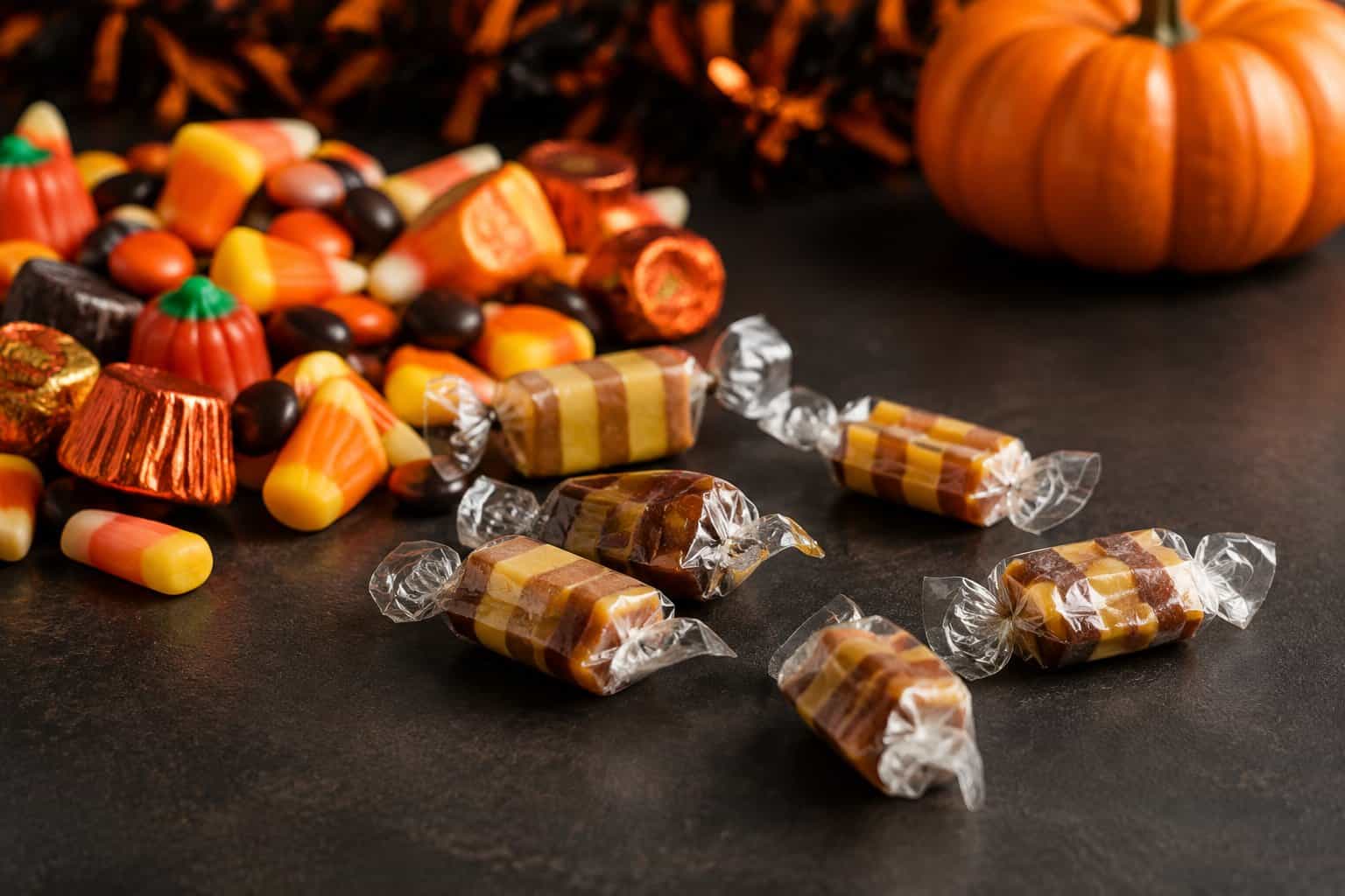 Wrapped Mary Jane peanut butter candies scattered among Halloween sweets.