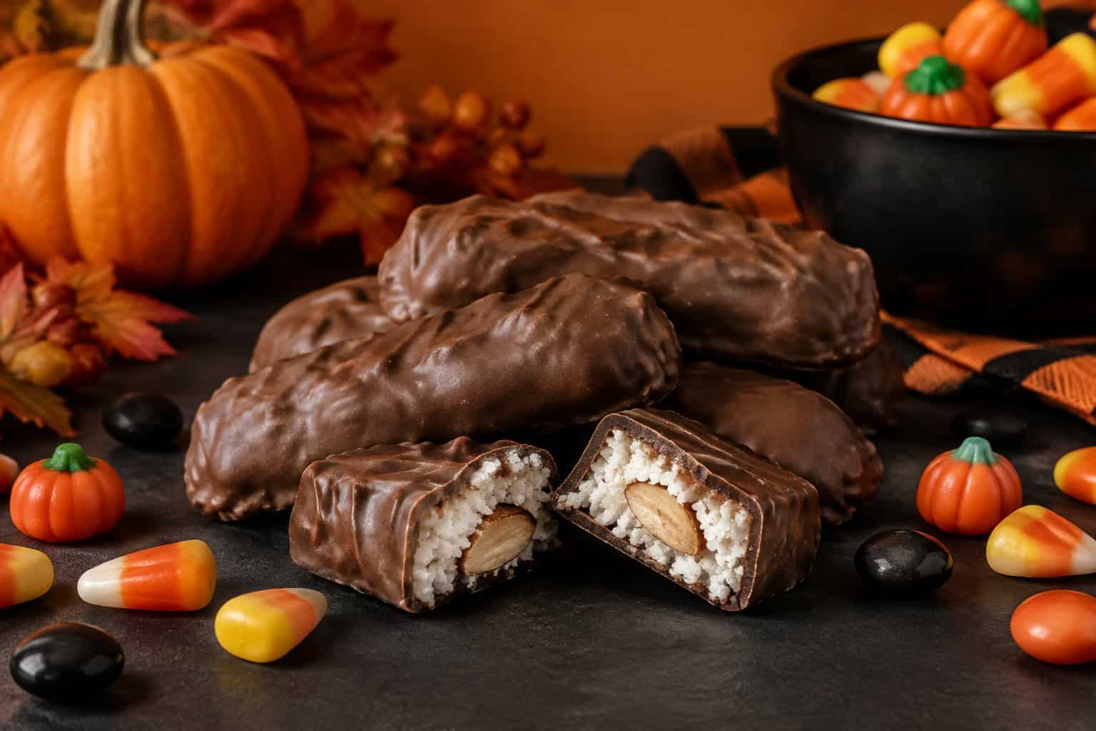 Chocolate-covered coconut and almond candy bars arranged with Halloween treats.