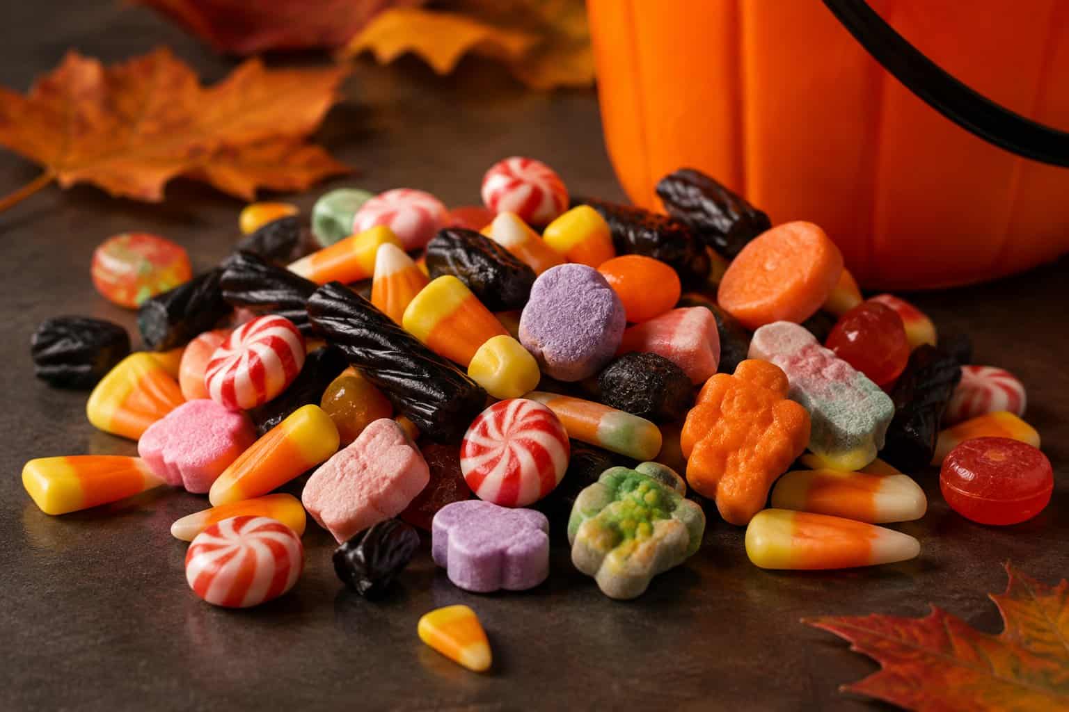 A mound of assorted Halloween candies beside an orange trick-or-treat bucket.