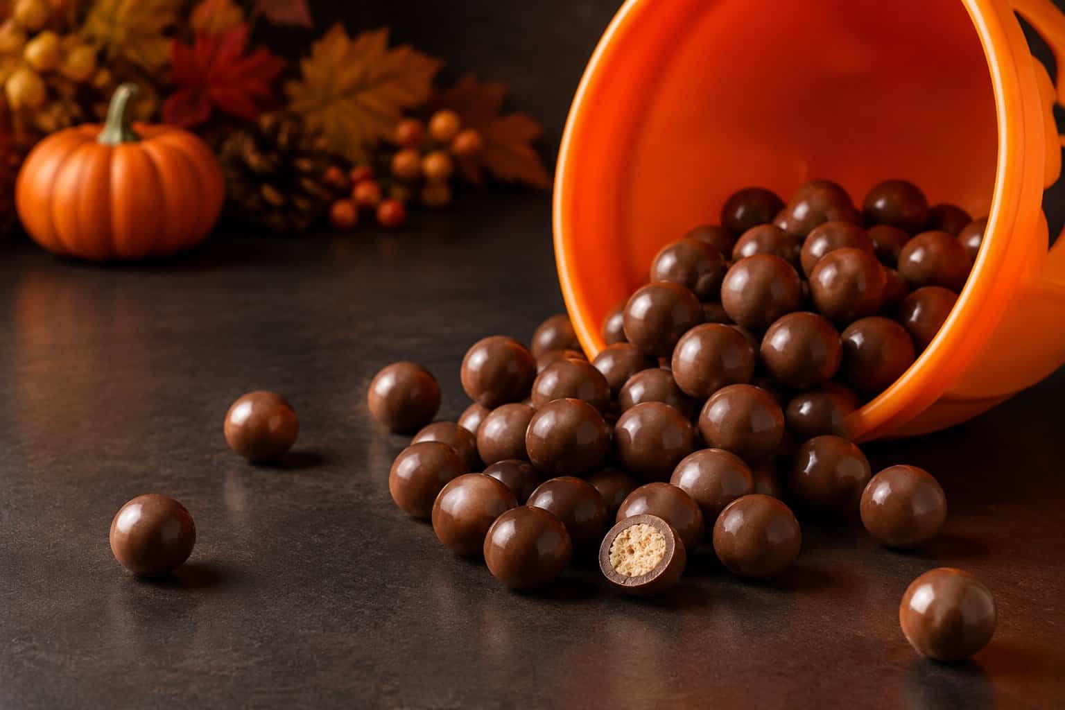 Chocolate-covered malted milk candies spill from an orange bowl beside a small pumpkin.
