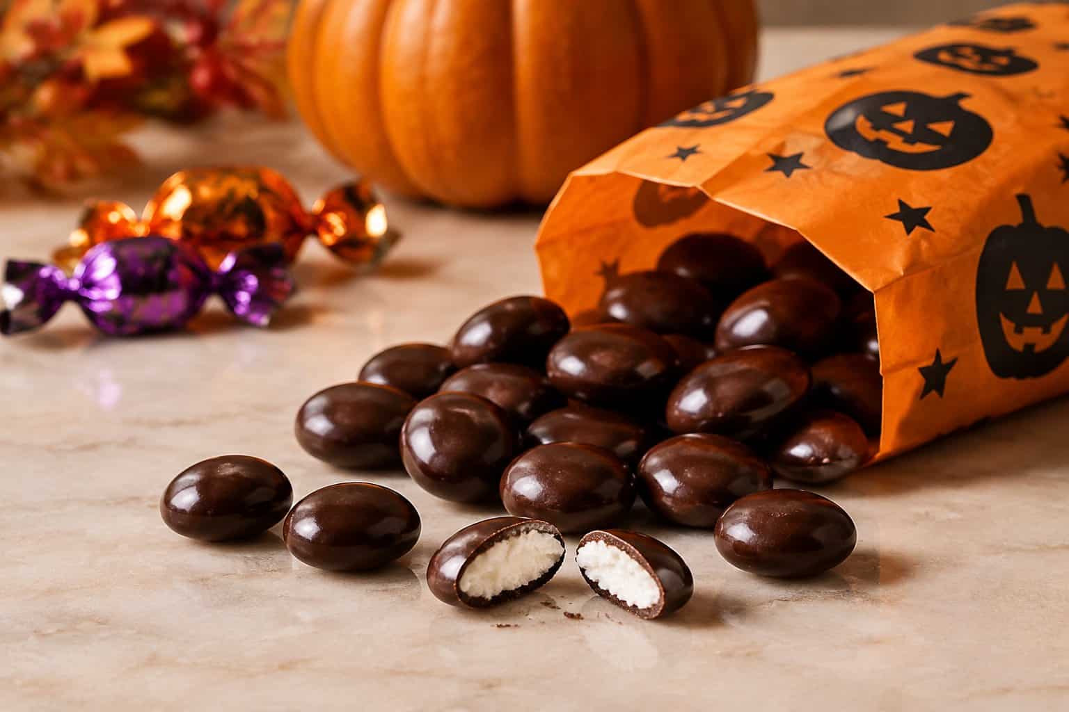 Chocolate-covered mint candies sit beside a Halloween treat bag.