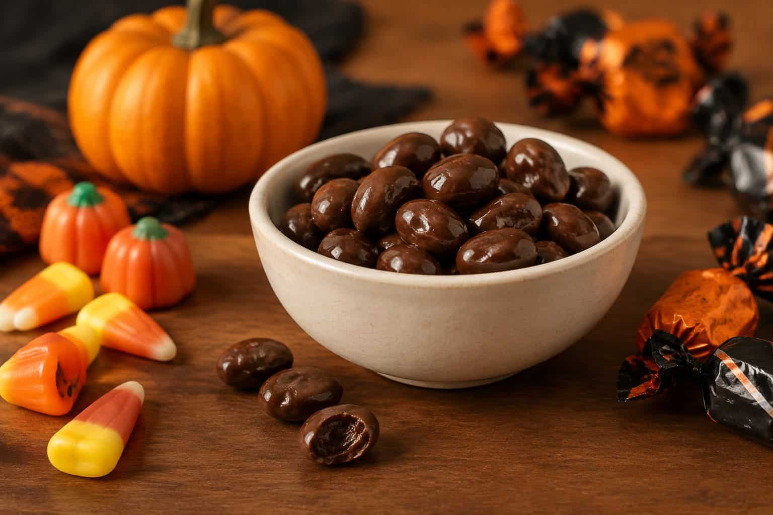 A bowl of chocolate-covered raisins sits among Halloween candies beside a small pumpkin.