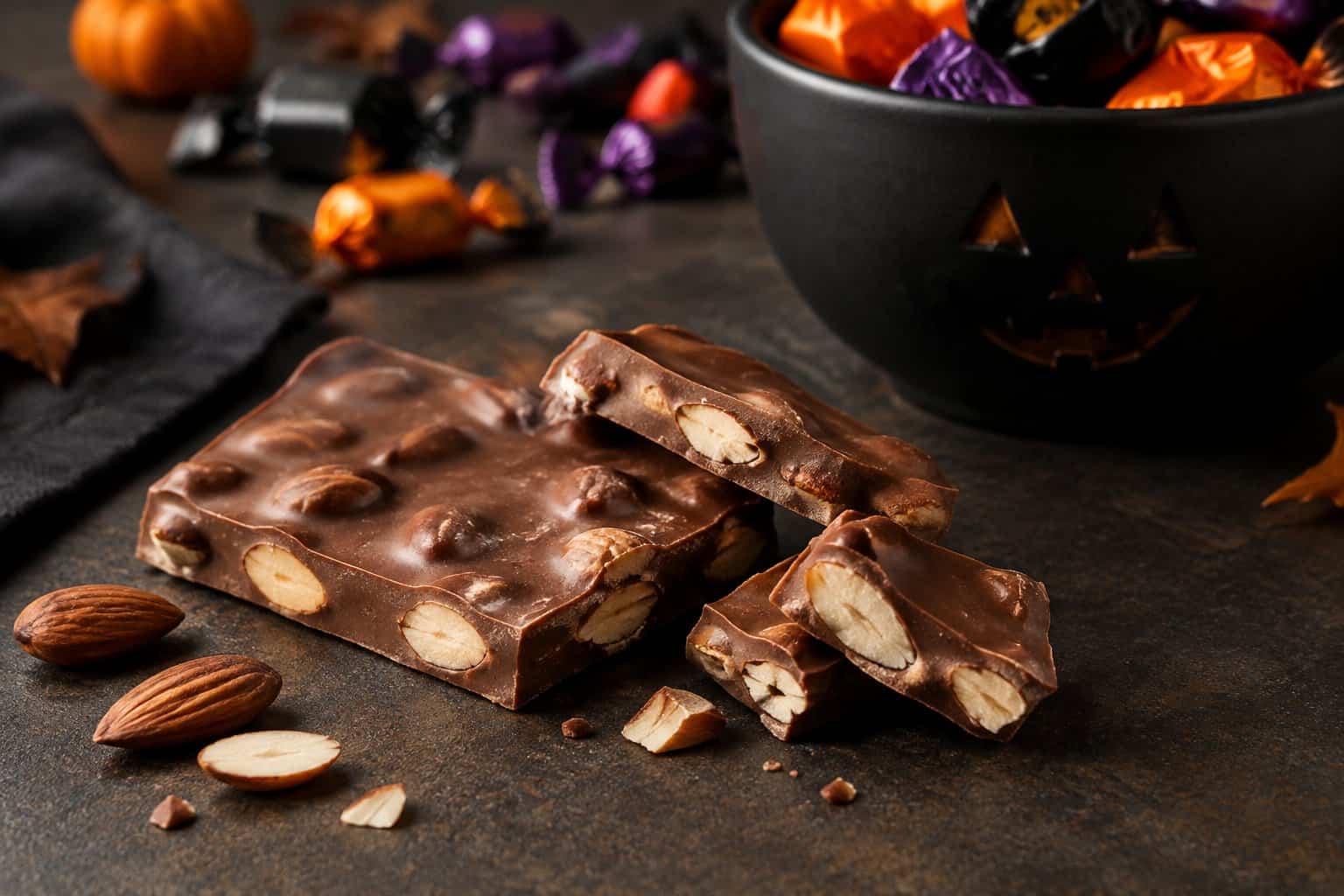 A broken milk chocolate bar with almonds beside a bowl of Halloween candy.