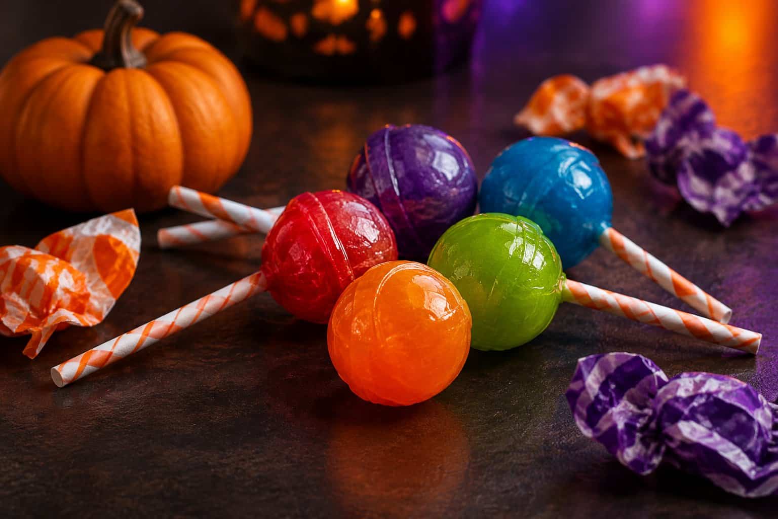 Colorful round lollipops arranged beside a small Halloween pumpkin.