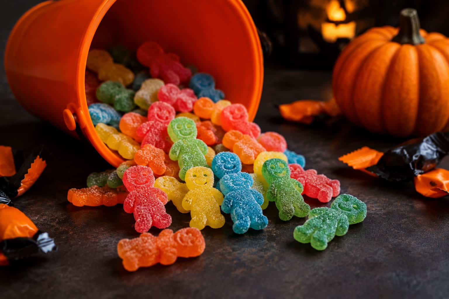 Colorful gummy candies spill from an orange bucket beside a small pumpkin.
