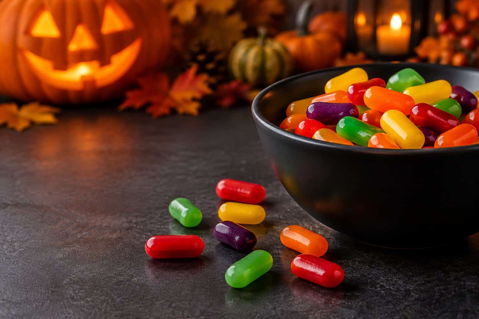 Colorful oblong candies scattered beside a bowl with a blurred jack-o’-lantern in the background.