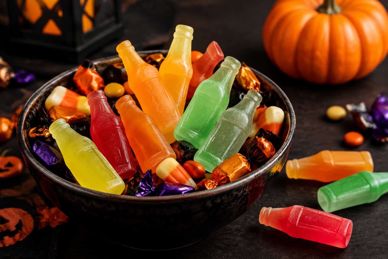 Colorful wax candy bottles arranged in a bowl with Halloween treats.