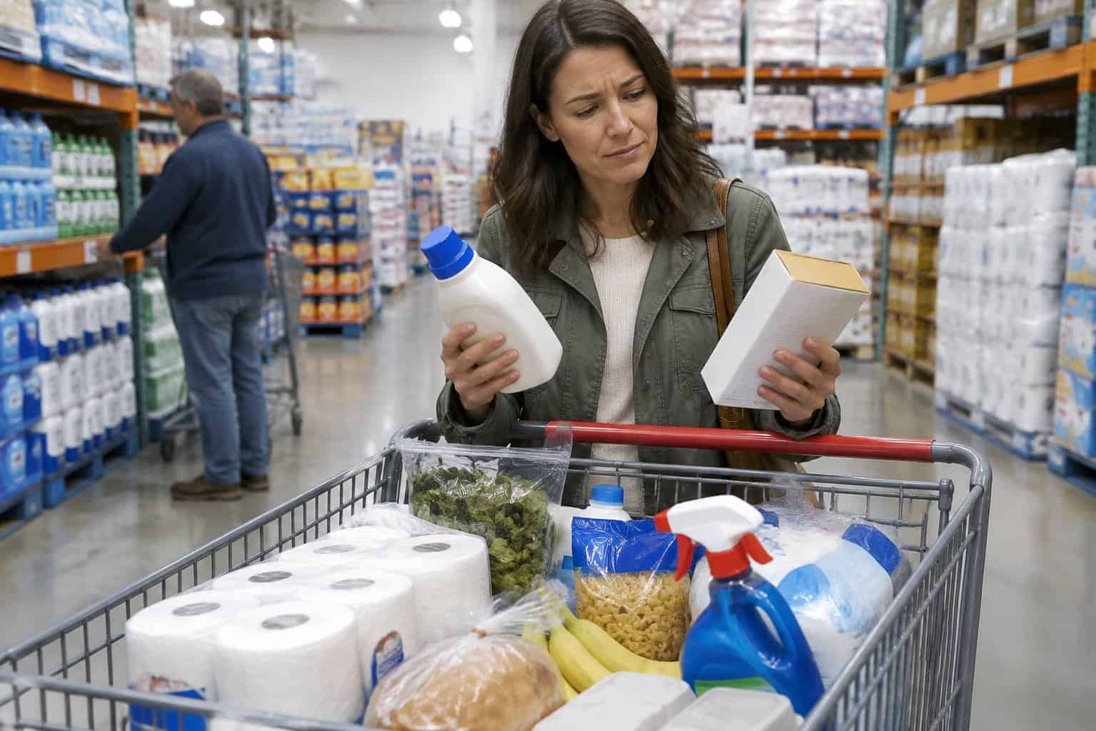 A shopper examines generic products in a cart in a warehouse store aisle.