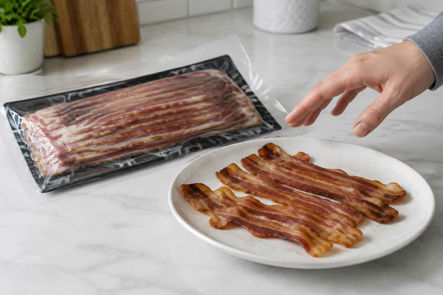 A package of pre-cooked bacon sits beside several bacon strips on a kitchen counter.