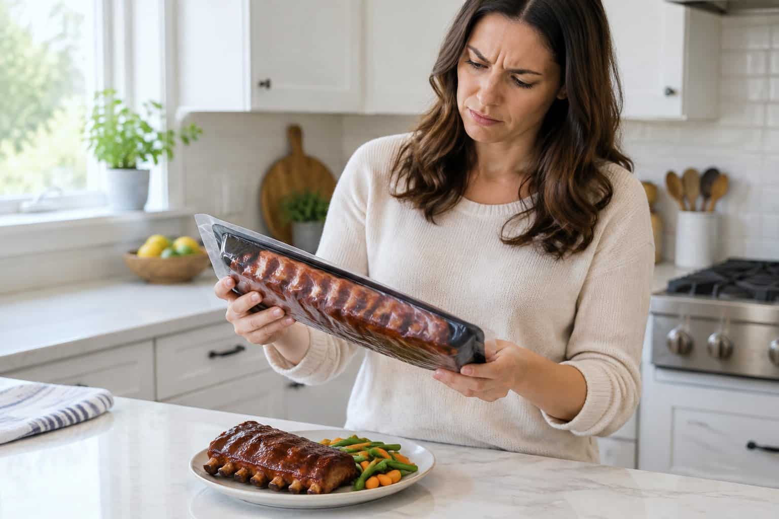 A shopper examines a package of baby back ribs beside a plated serving.