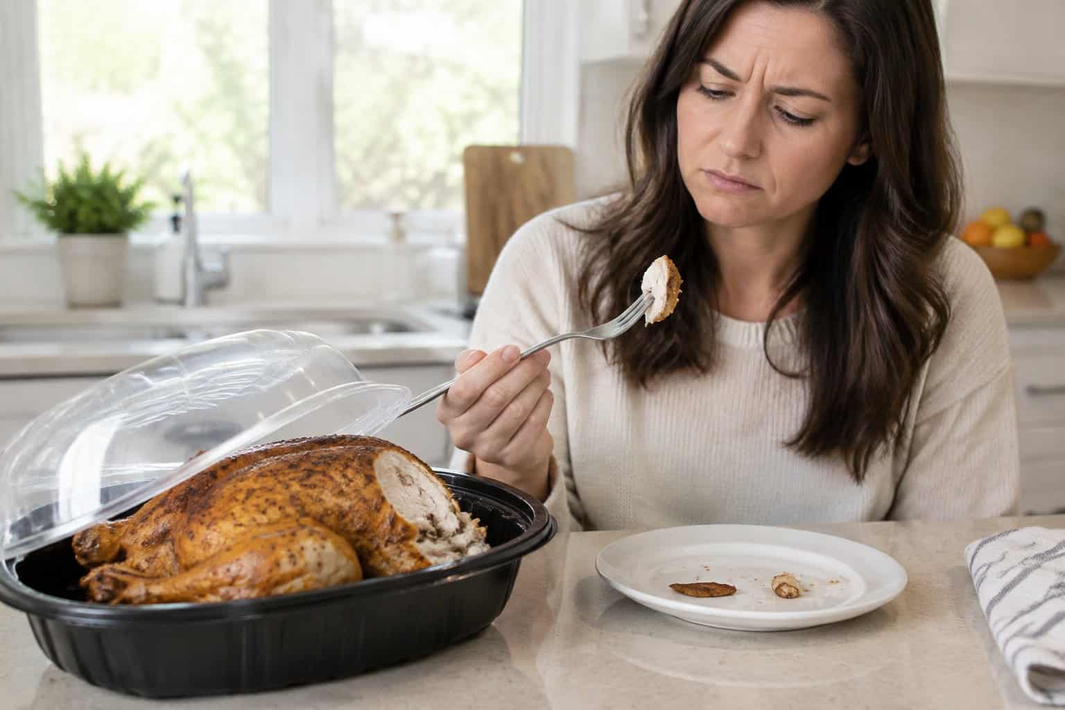 A shopper examines a rotisserie chicken on a kitchen counter.