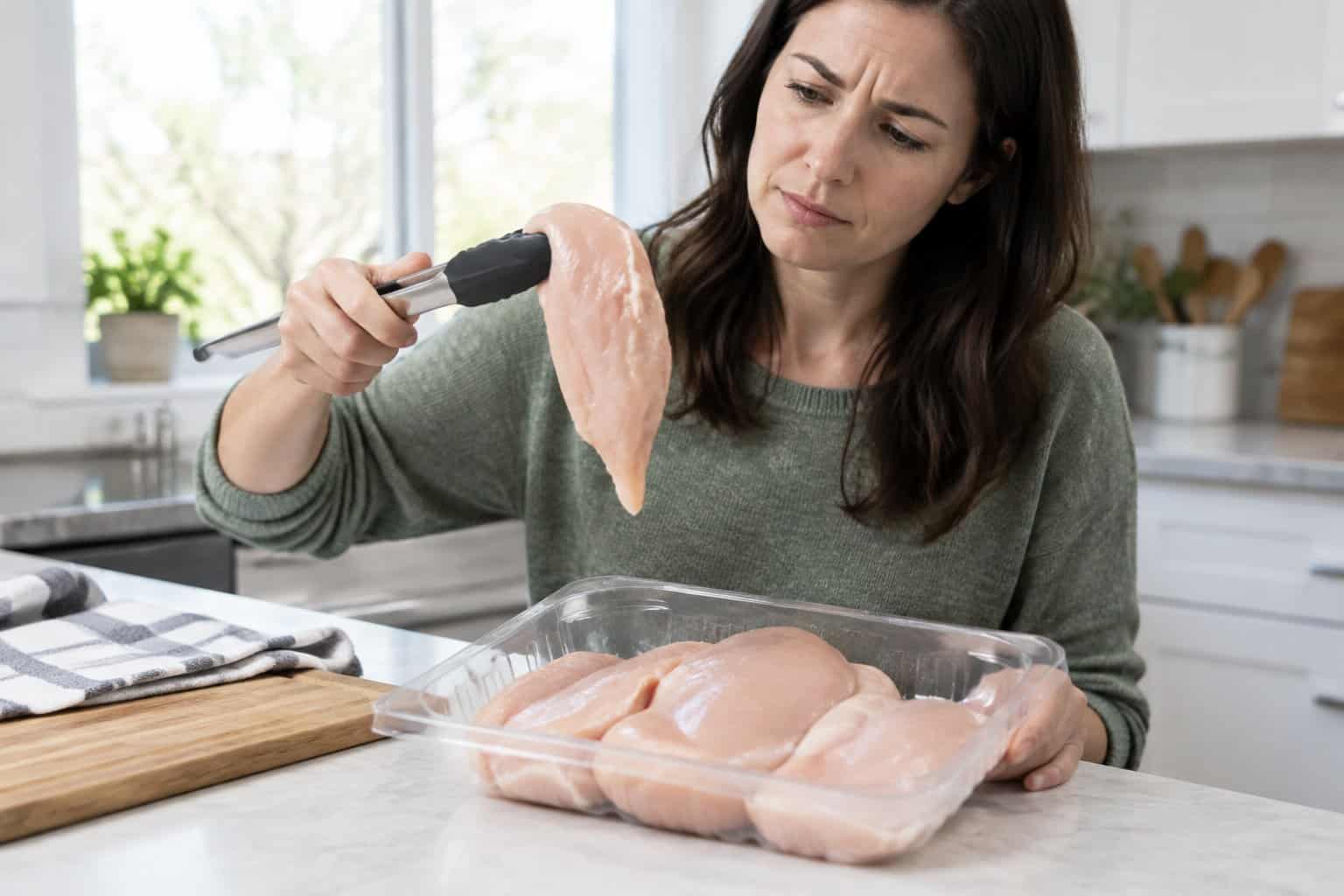A shopper examines raw chicken breasts on a kitchen counter.