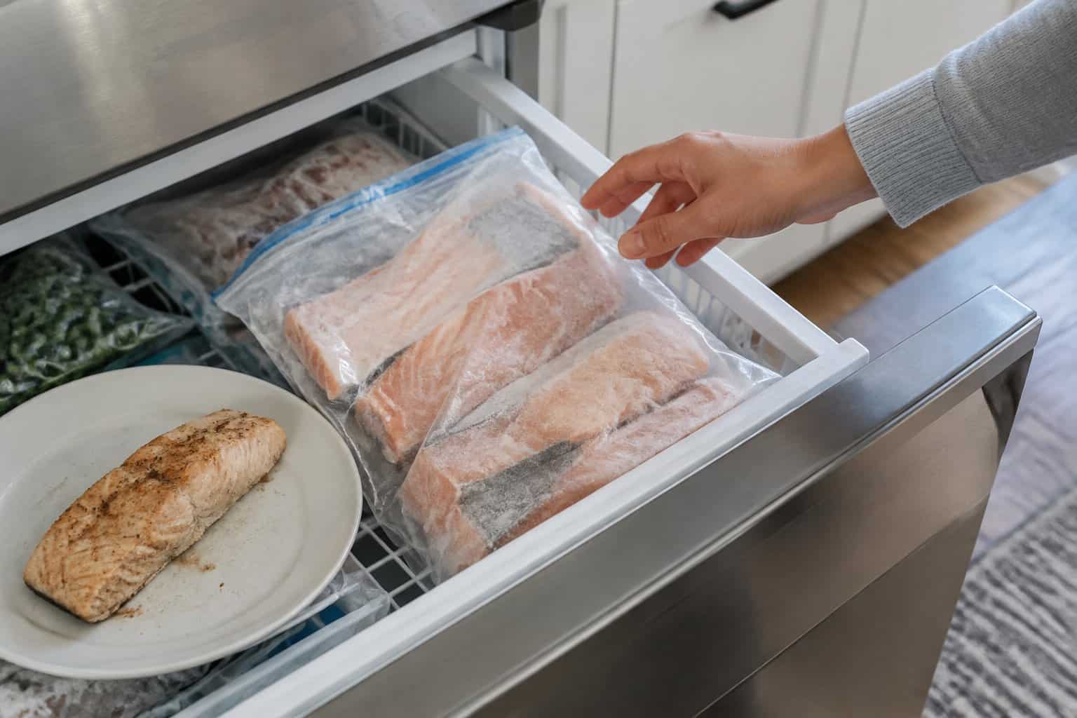 A hand hesitates over a package of frozen salmon fillets in an open freezer.