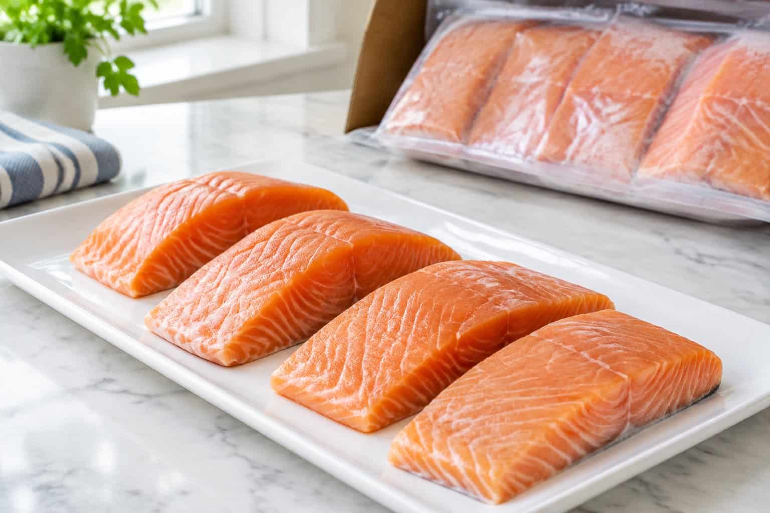 Uncooked salmon portions arranged on a platter beside product packaging.