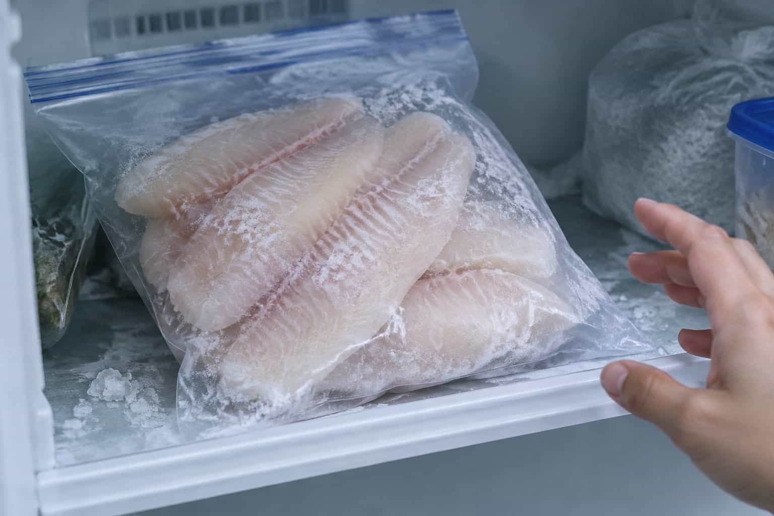 A hand reaches toward a bag of frozen tilapia fillets in a freezer.