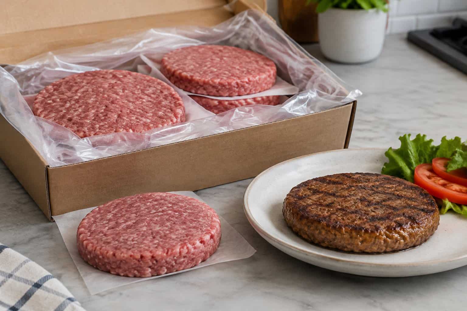 A package of ground beef patties beside a cooked burger patty on a kitchen counter.