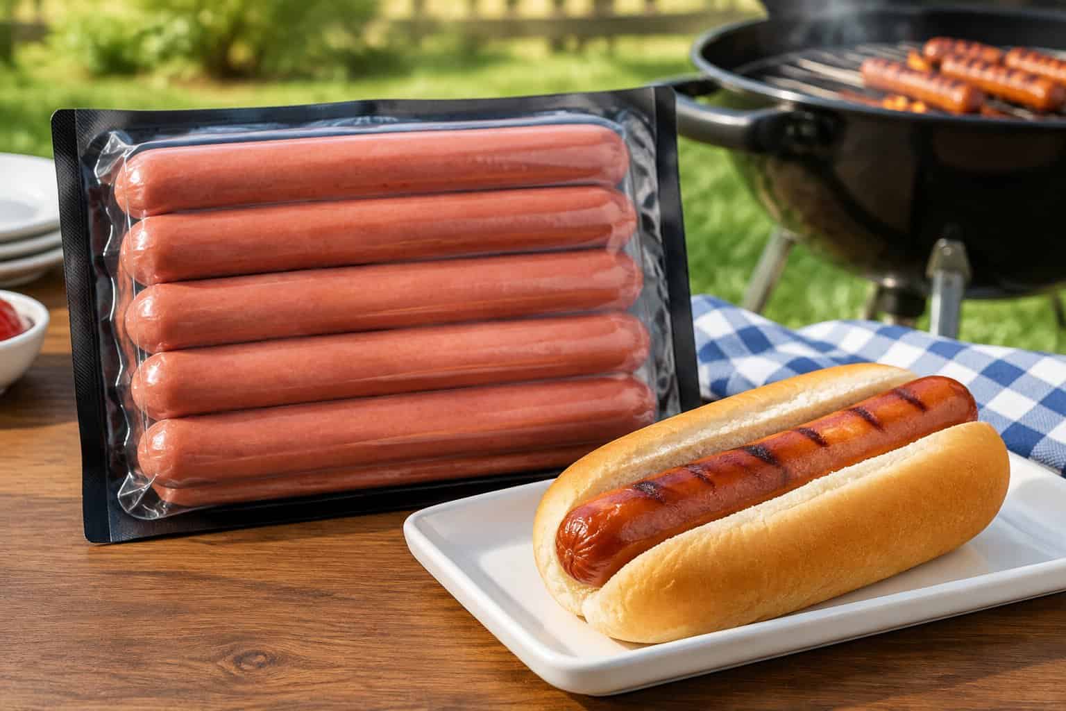A package of beef hot dogs beside a grilled hot dog in a bun.