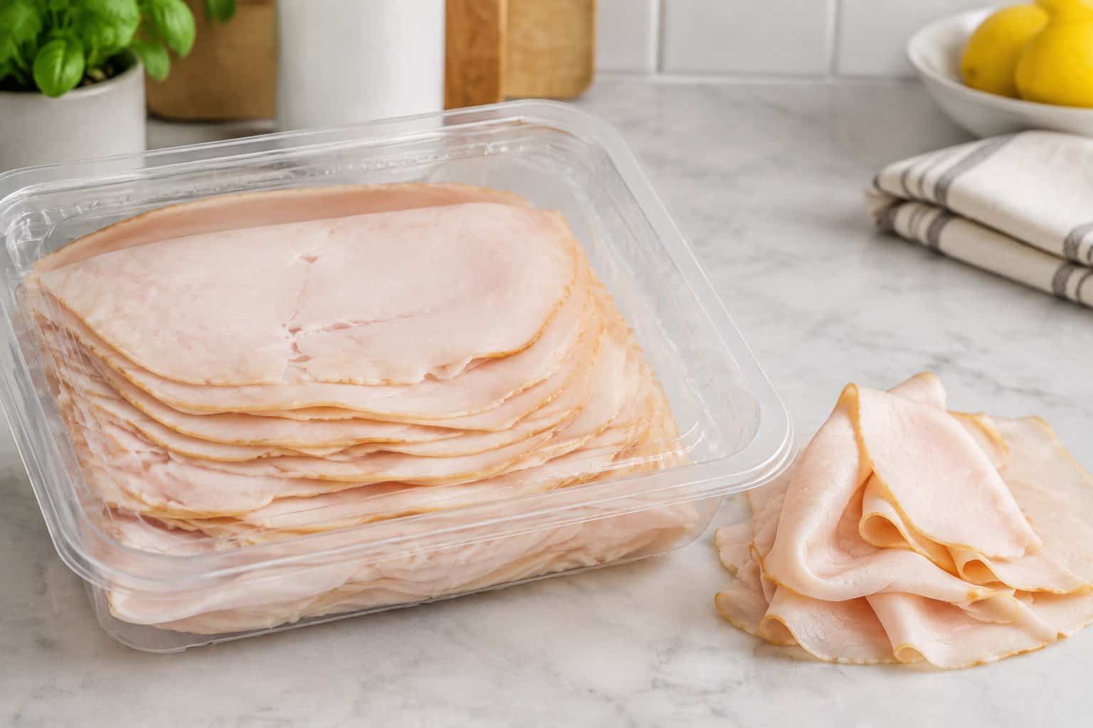 A package of sliced turkey breast with several slices arranged beside it.