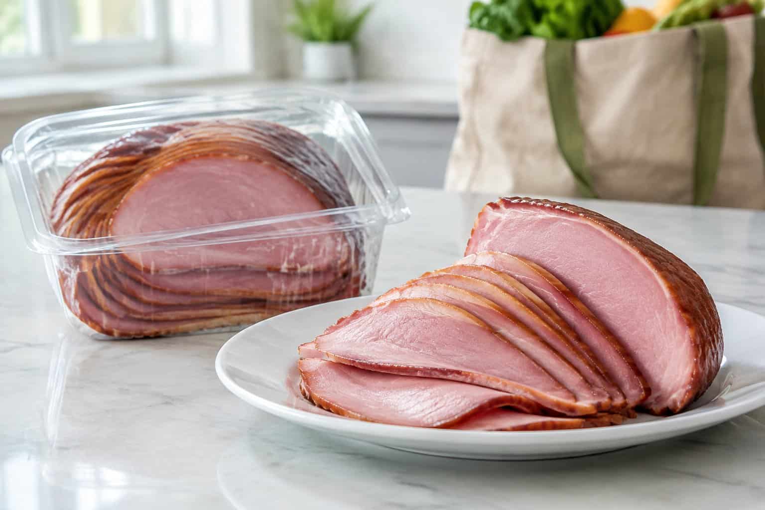 Sliced honey ham on a plate beside a package of ham.