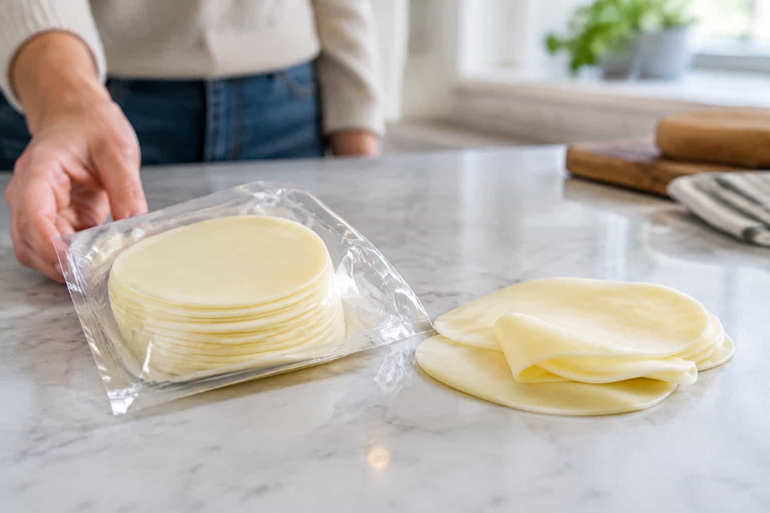 A package of sliced provolone cheese sits on a kitchen counter beside several loose slices.