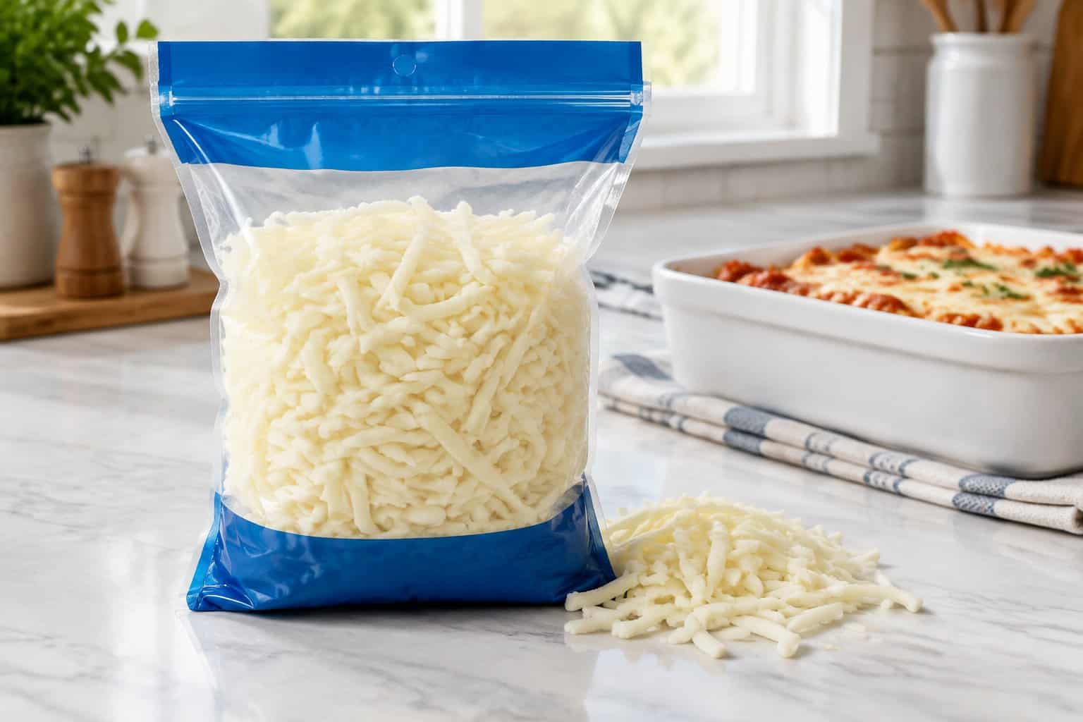 A bag of shredded mozzarella cheese beside a baked pasta dish.