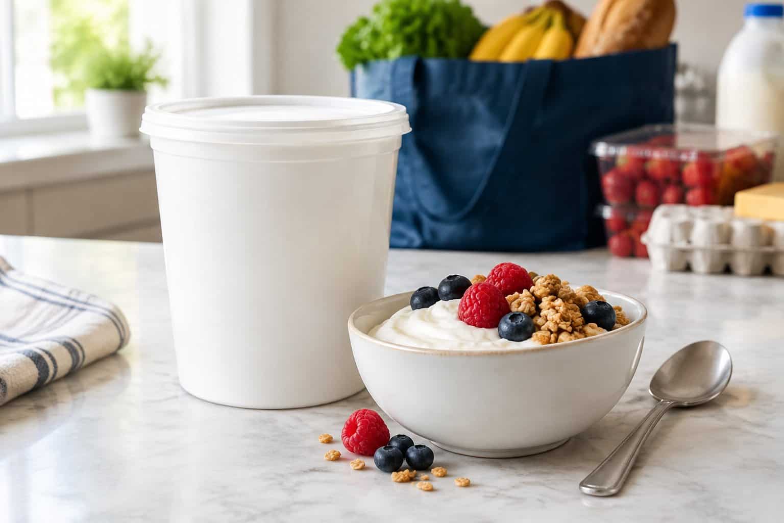 A tub of Greek yogurt beside a bowl topped with berries and granola.
