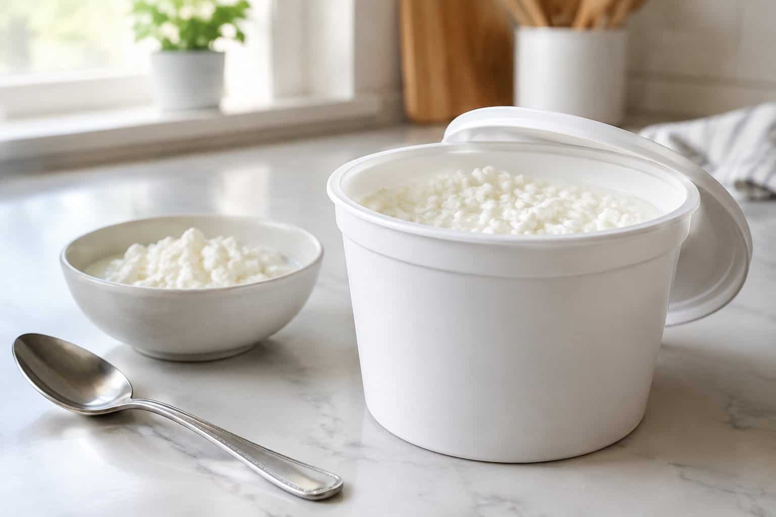 A tub of cottage cheese beside a small bowl and spoon on a kitchen counter.
