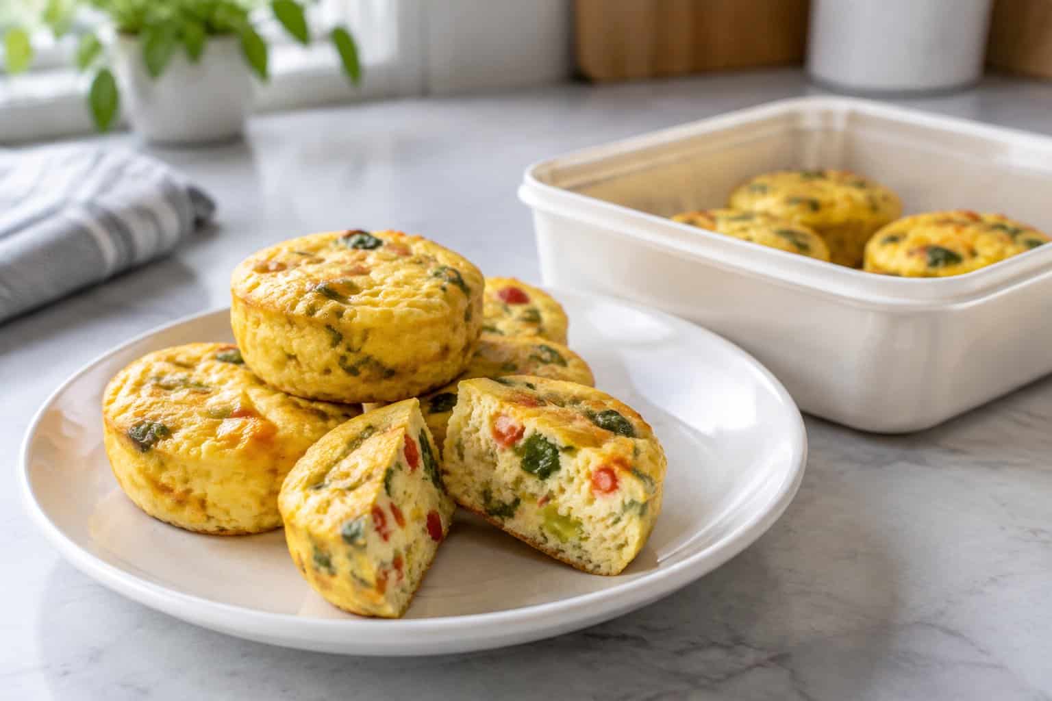 Several egg bites sit on a plate beside an open food container.