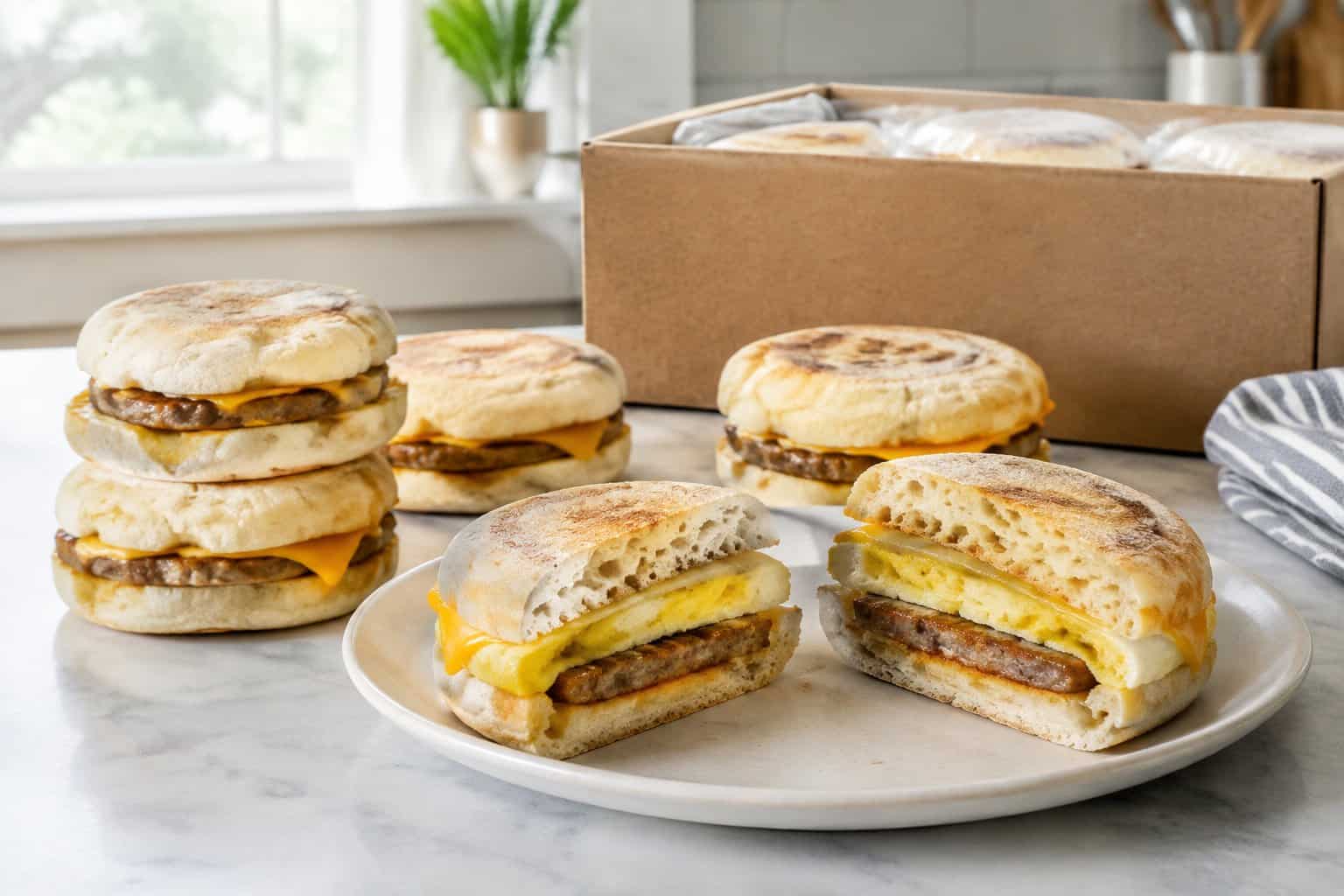 Breakfast sandwiches arranged on a kitchen counter, with one cut in half.