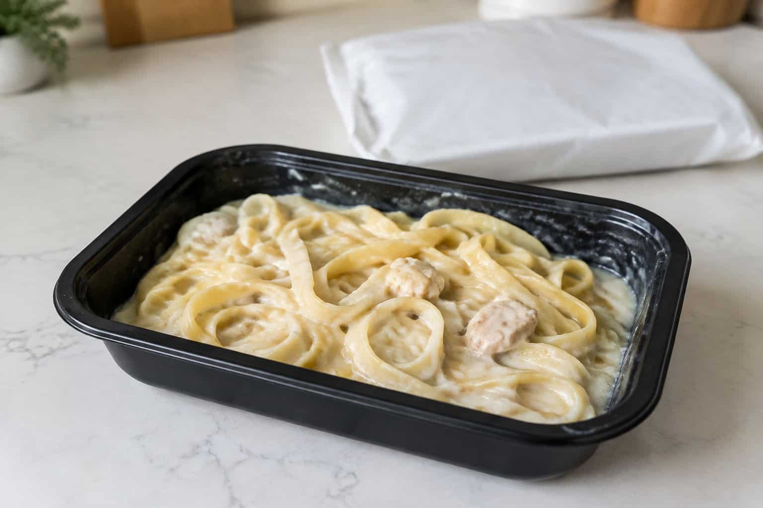 A tray of fettuccine Alfredo with chicken beside a plain frozen-food package.