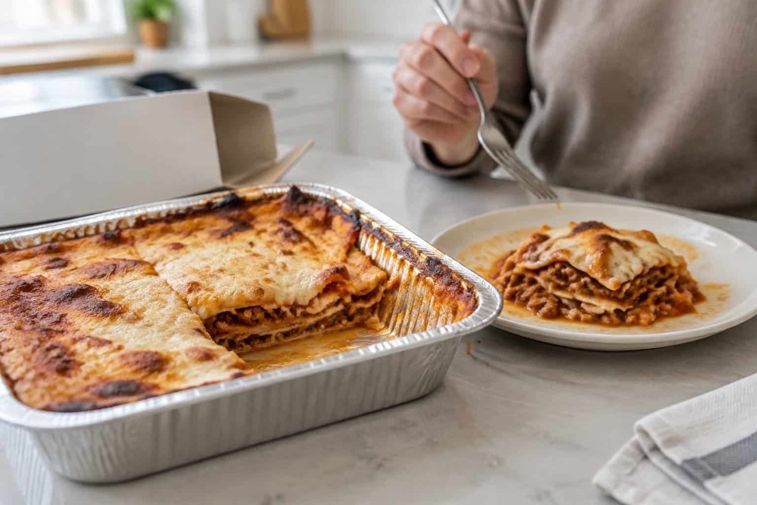 A serving of lasagna sits on a plate beside its opened frozen tray.