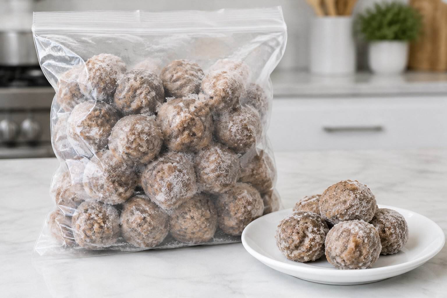 A bag of frozen meatballs beside a plate of meatballs on a kitchen counter.
