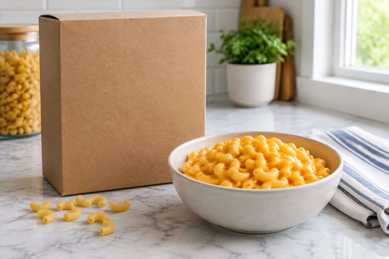 A bowl of macaroni and cheese beside a plain bulk-size food box.