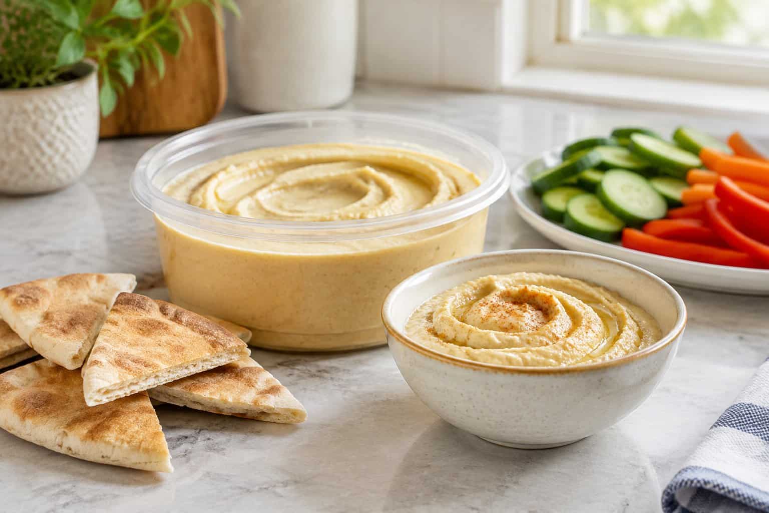 A tub of hummus beside a bowl of hummus, pita wedges, and vegetables on a kitchen counter.
