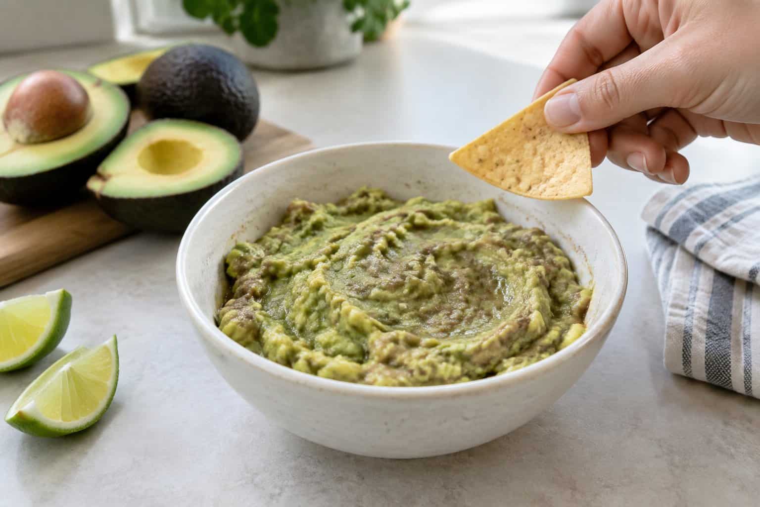 A hand hesitates over a bowl of guacamole on a kitchen counter.