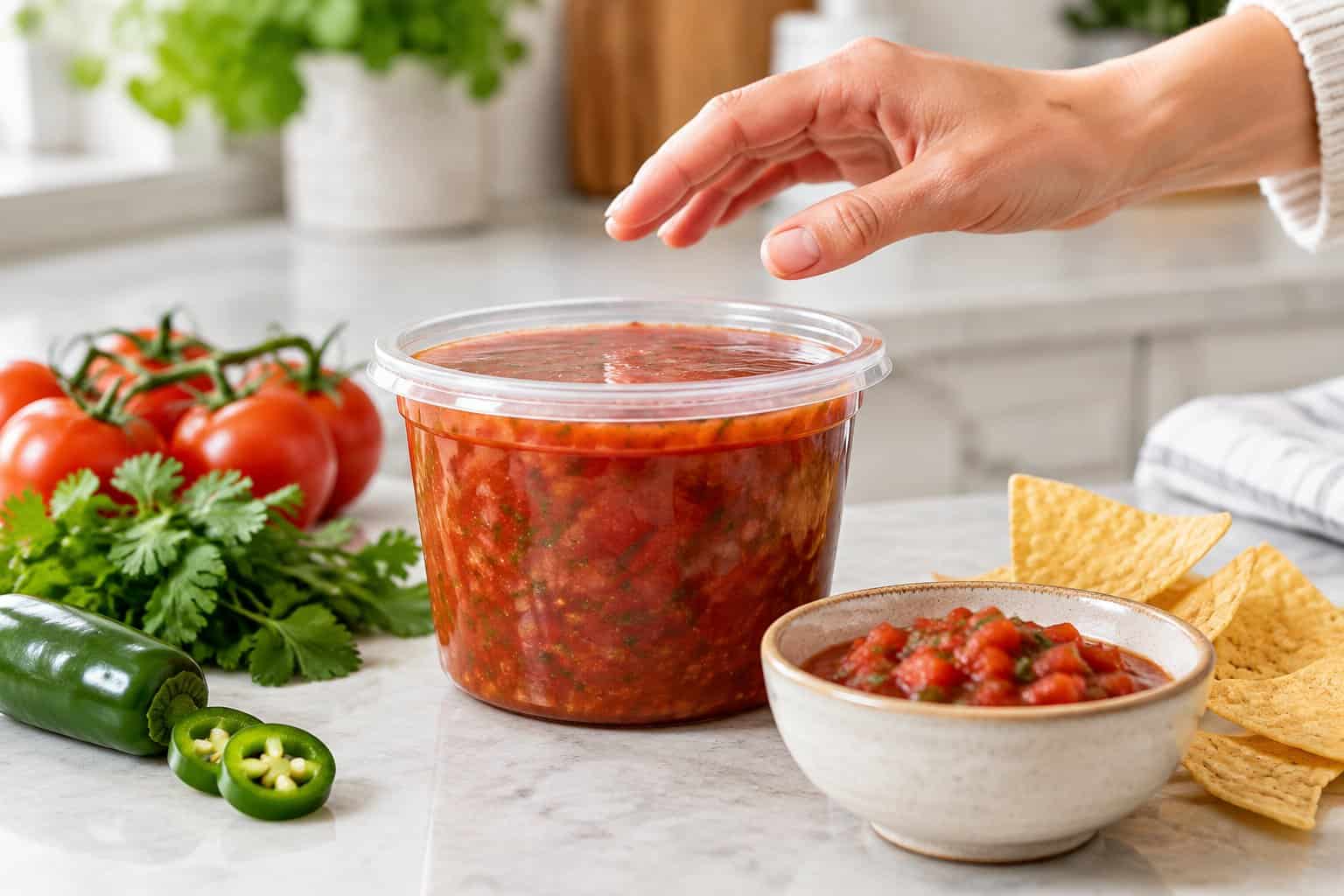 A shopper hesitates over a tub of salsa beside a bowl of salsa and tortilla chips.