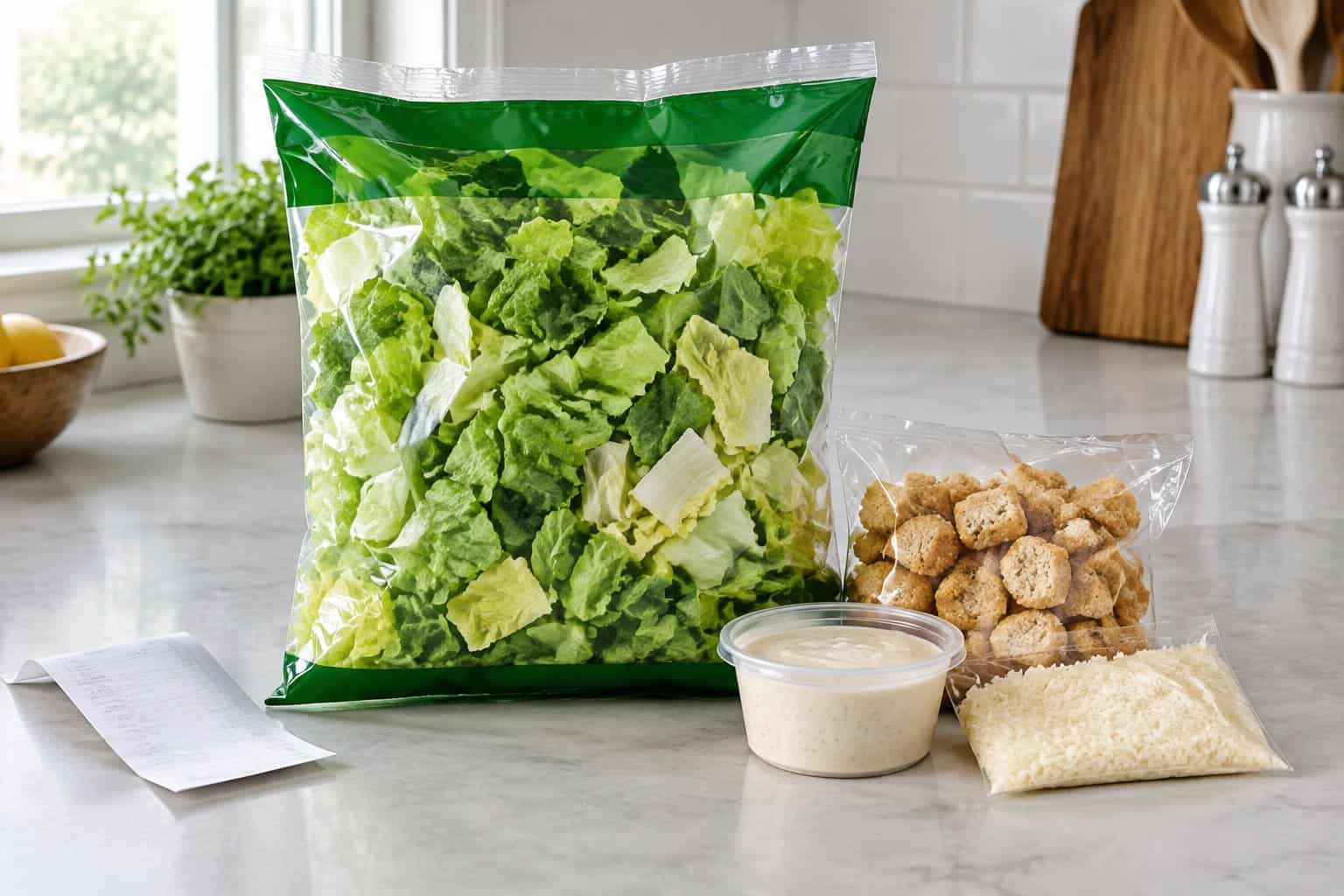 A bag of Caesar salad kit with lettuce, croutons, Parmesan, and dressing on a kitchen counter.