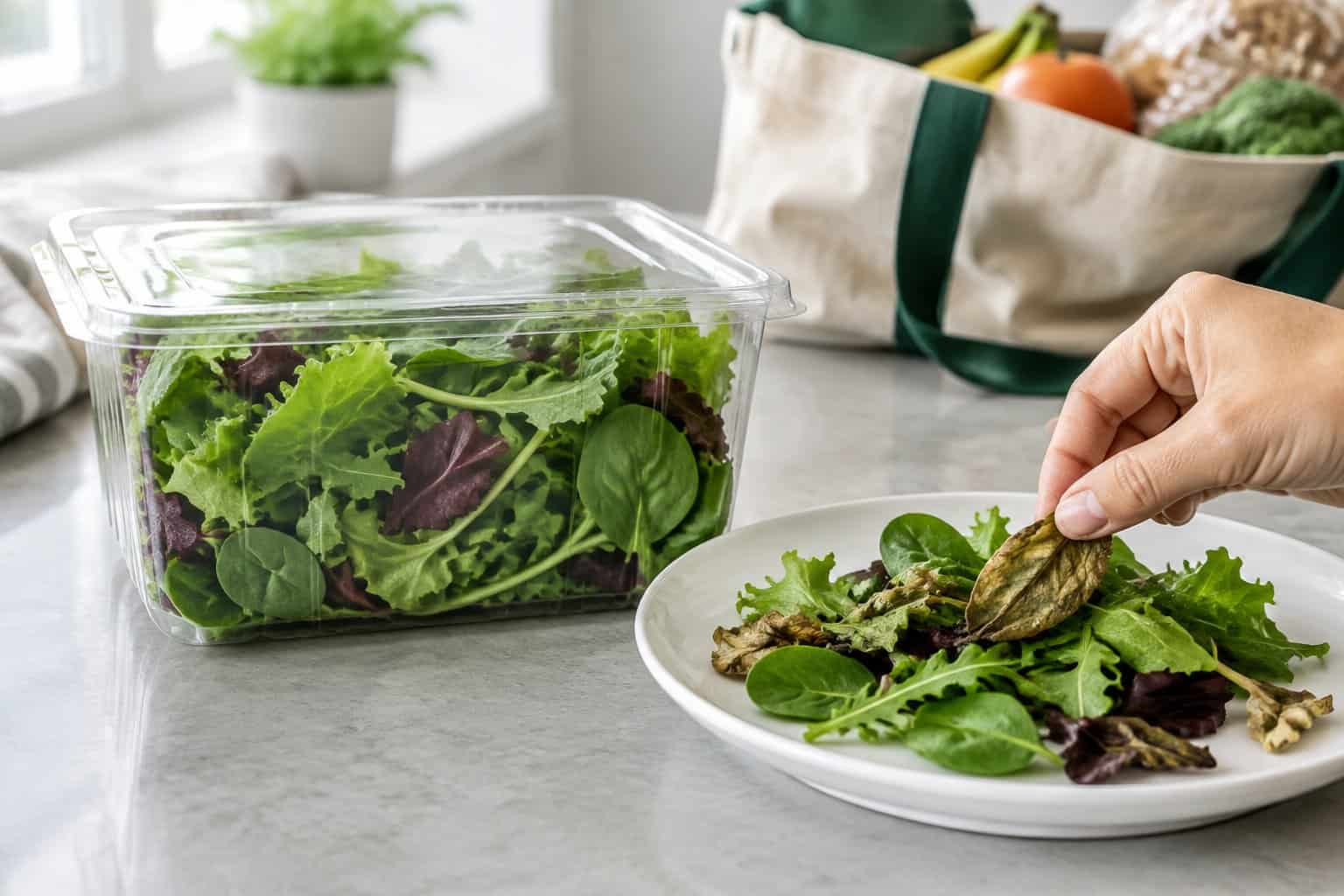 A shopper sorts spring mix greens beside a clear salad container on a kitchen counter.