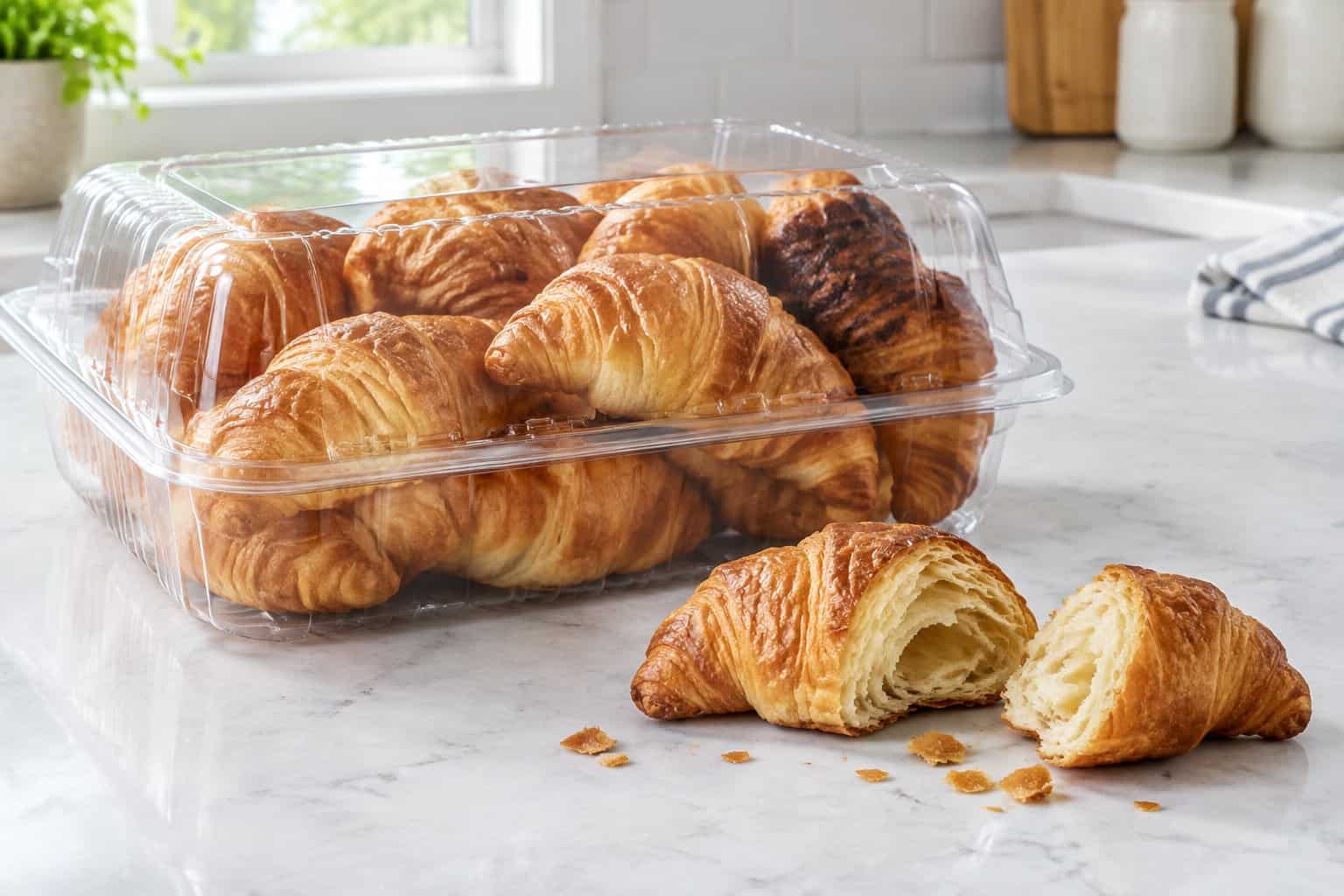 A clear container of croissants sits on a kitchen counter beside one broken open.