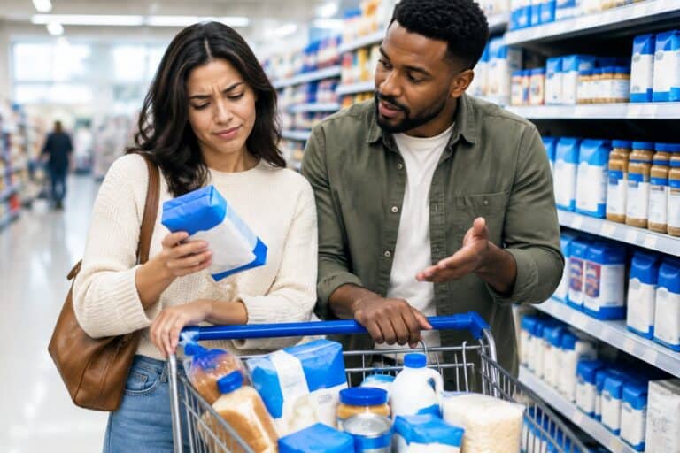 Shoppers compare grocery products in a supermarket aisle.