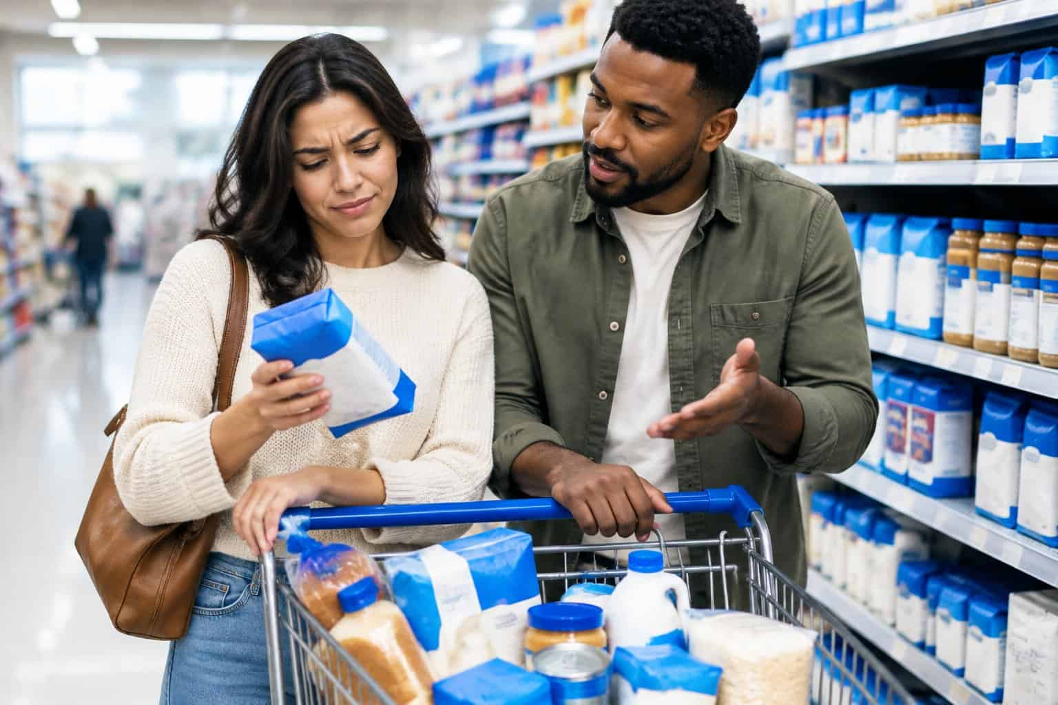 Shoppers compare grocery products in a supermarket aisle.