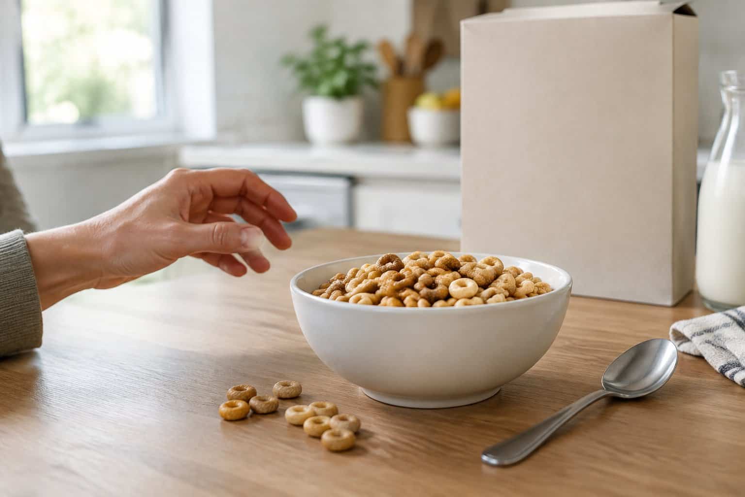 A bowl of ring-shaped cereal sits on a kitchen table beside a spoon.