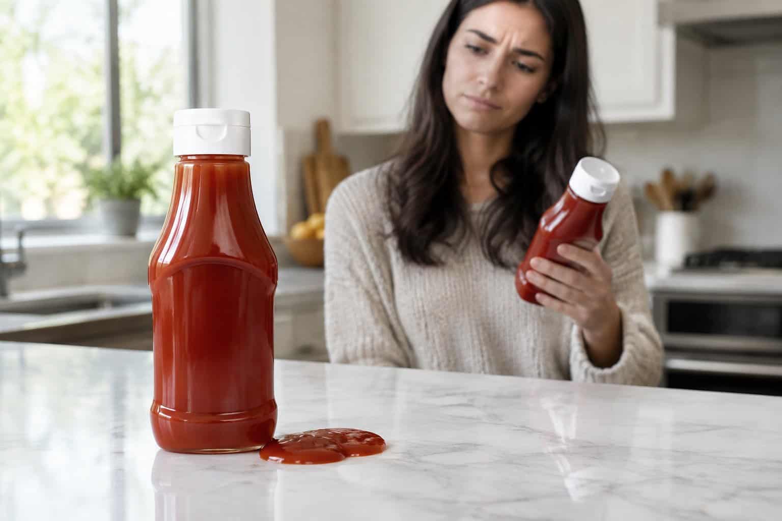 A shopper looks uncertainly at a ketchup bottle beside a small spill on a kitchen counter.