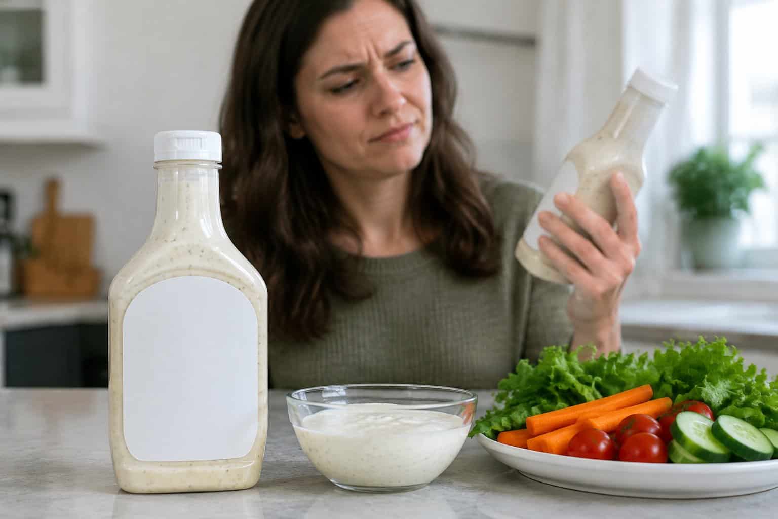 A shopper looks skeptically at a bottle of ranch dressing beside a bowl of dressing and fresh vegetables.