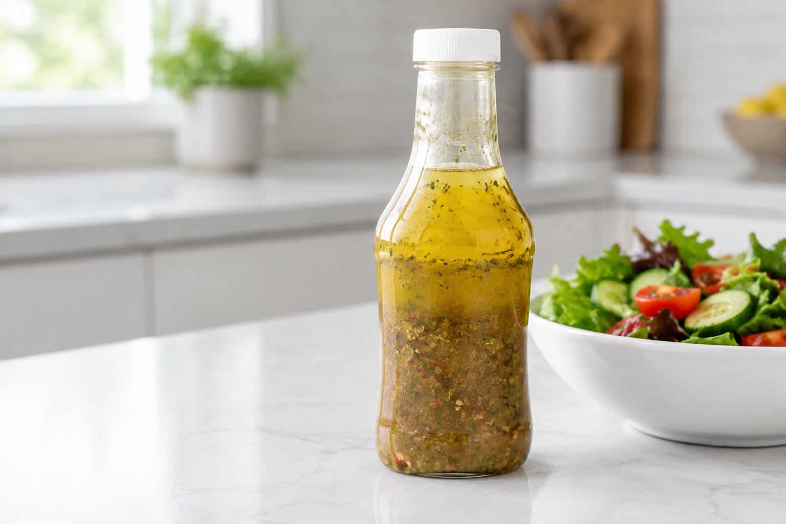 A bottle of Italian dressing beside a small salad on a kitchen counter.