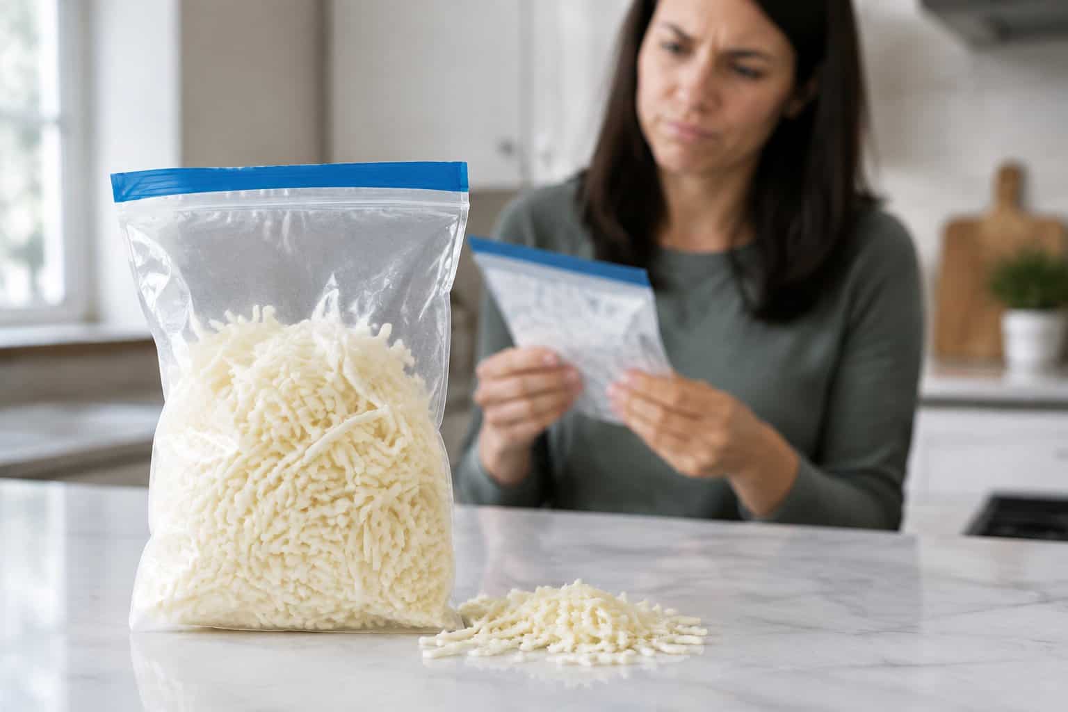 A shopper examines a bag of shredded mozzarella cheese on a kitchen counter.