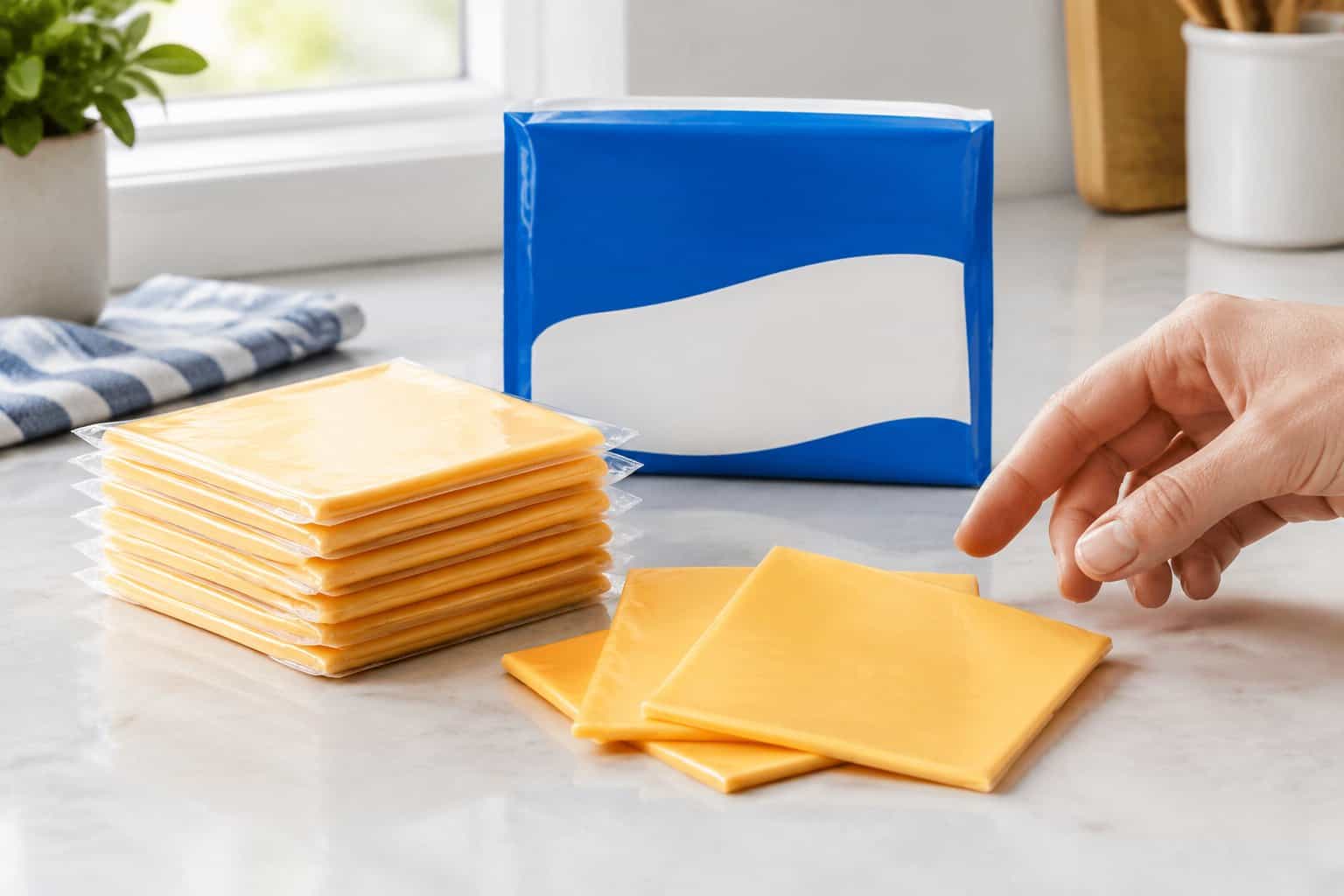 Wrapped cheese slices and unwrapped slices on a kitchen counter.