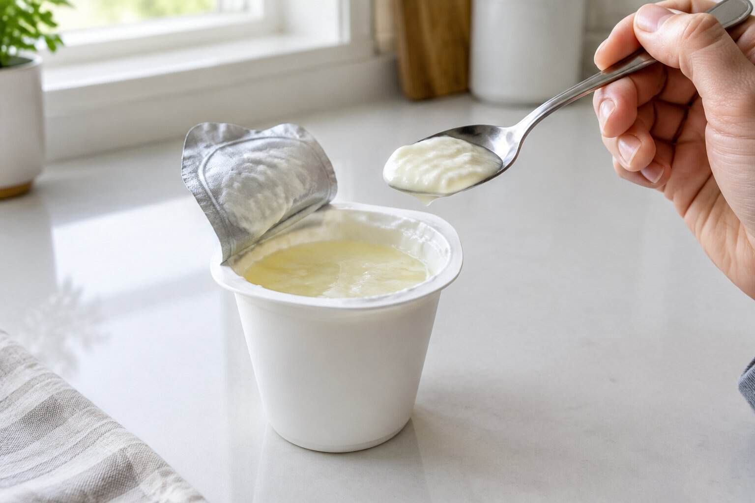 A hand hesitates with a spoon over a cup of vanilla yogurt.